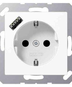 Розетка с заземлением + USB тип A, Jung 16А-250В, пластик белый глянцевый