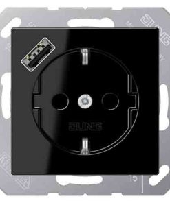 Розетка с заземлением + USB тип A, Jung 16А-250В, пластик черный глянцевый