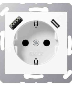 Розетка с заземлением + USB тип A+C, Jung 16А-250В, пластик белый глянцевый