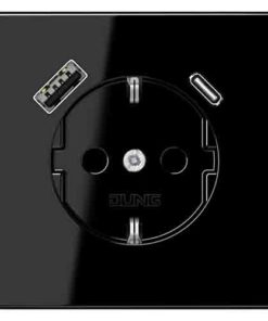 Розетка с заземлением + USB тип A+C, Jung 16А-250В, пластик черный глянцевый