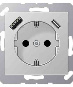 Розетка с заземлением + USB тип A+C, Jung 16А-250В, пластик под алюминий